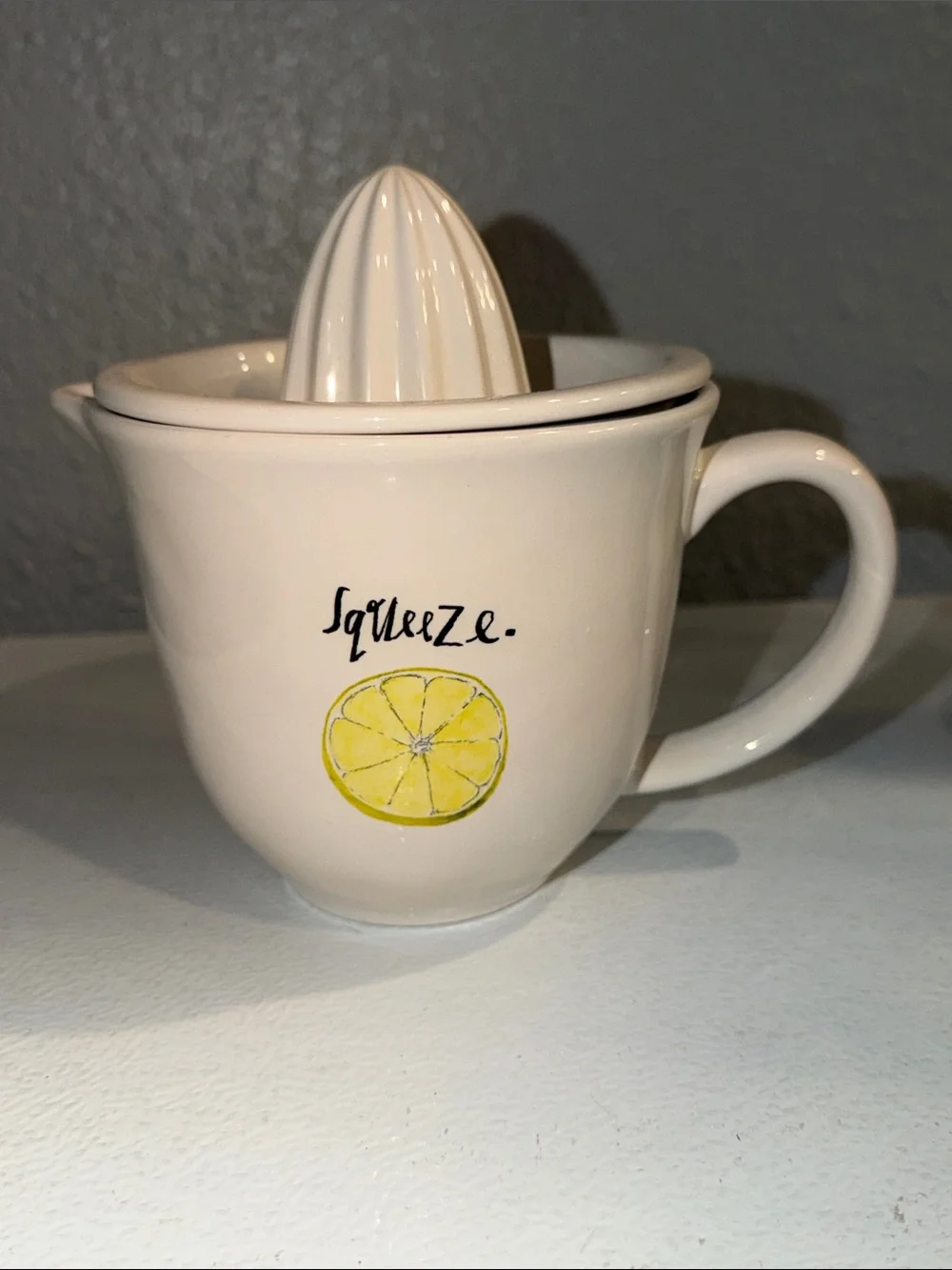 Rae Dunn Ceramic Lemon Squeezer Mug - White with Yellow Accent